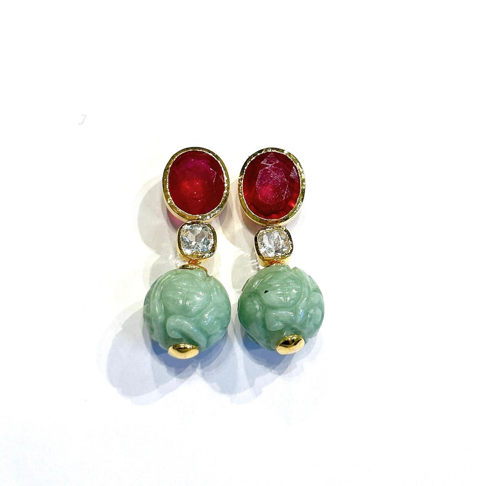 Baroque Bochic “Orient” Ruby, Topaz & Vintage Jade Earrings set 18K Gold & Silver For Sale