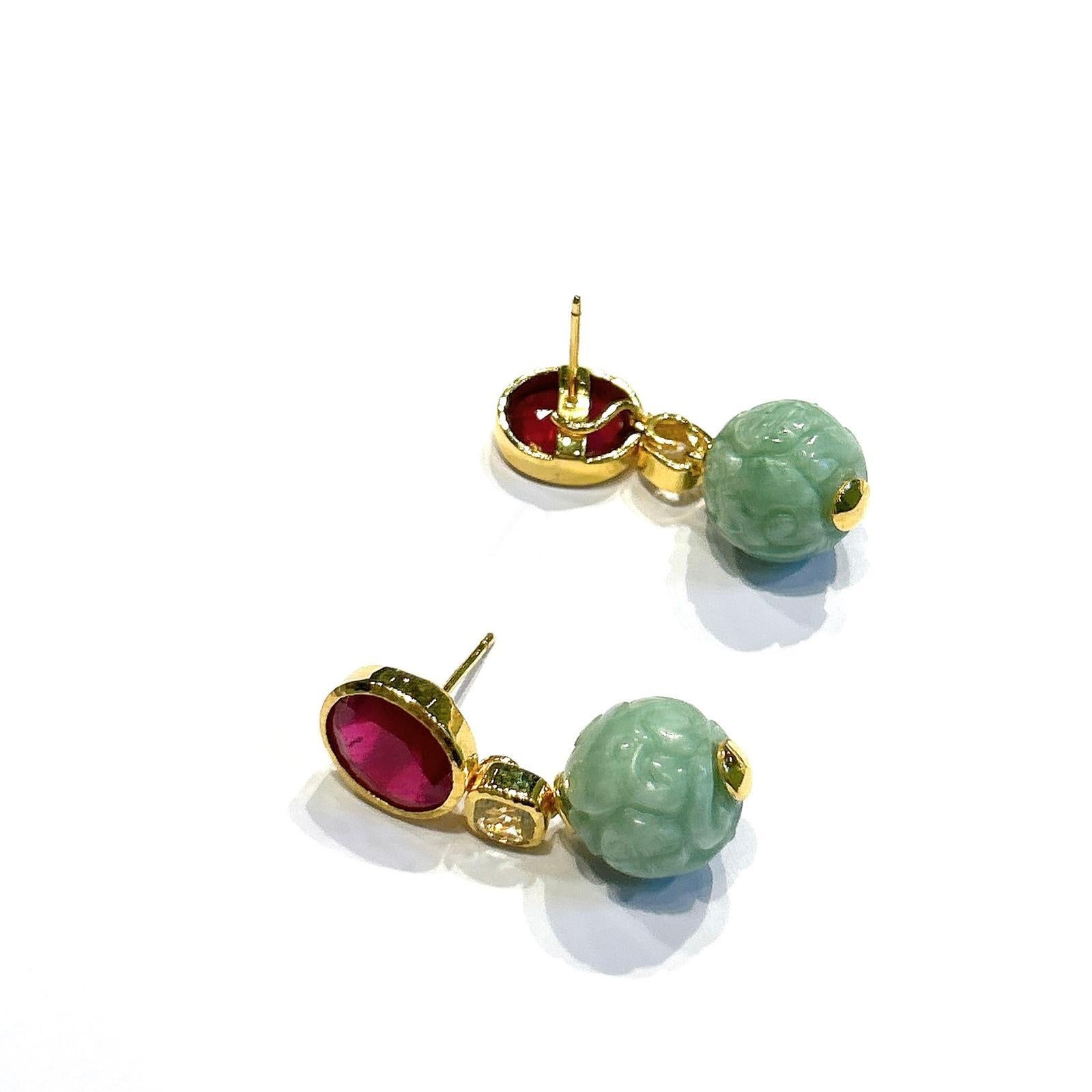 Brilliant Cut Bochic “Orient” Ruby, Topaz & Vintage Jade Earrings set 18K Gold & Silver For Sale