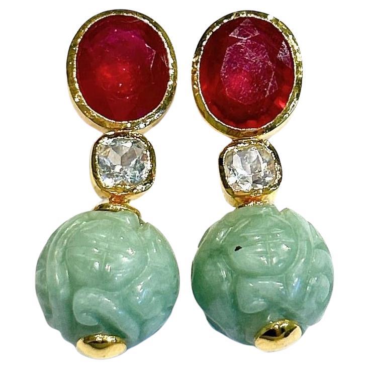 Bochic “Orient” Ruby, Topaz & Vintage Jade Earrings set 18K Gold & Silver