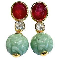 Bochic “Orient” Ruby, Topaz & Vintage Jade Earrings set 18K Gold & Silver
