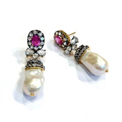 Bochic “Orient” Vintage Ruby, Topaz & White Pearls Earrings - 18K Gold & Silver