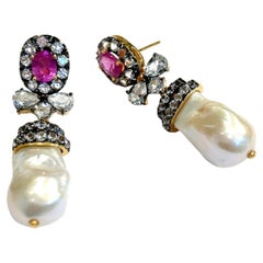 Bochic “Orient” Ruby, Topaz 
White Pearls Earrings Set 18K Gold 
Silver