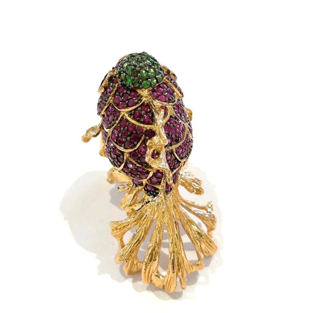 Women's Bochic “Orient” Ruby & Tsavorite Fish Ring Set In 18 K Gold & Silver  For Sale