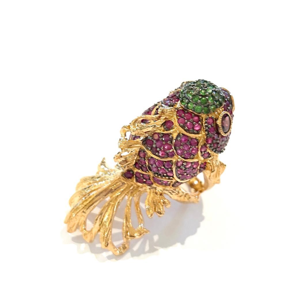 Bochic “Orient” Ruby & Tsavorite Fish Ring Set In 18 K Gold & Silver  For Sale 2