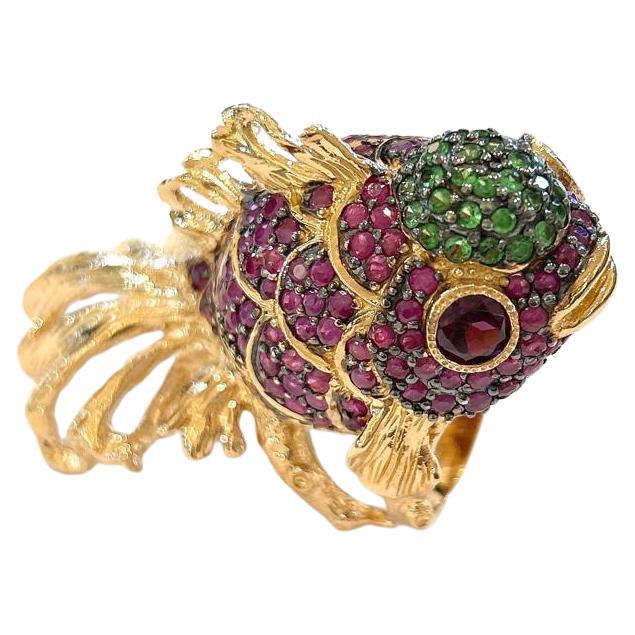 Bochic “Orient” Ruby & Tsavorite Fish Ring Set In 18 K Gold & Silver  For Sale