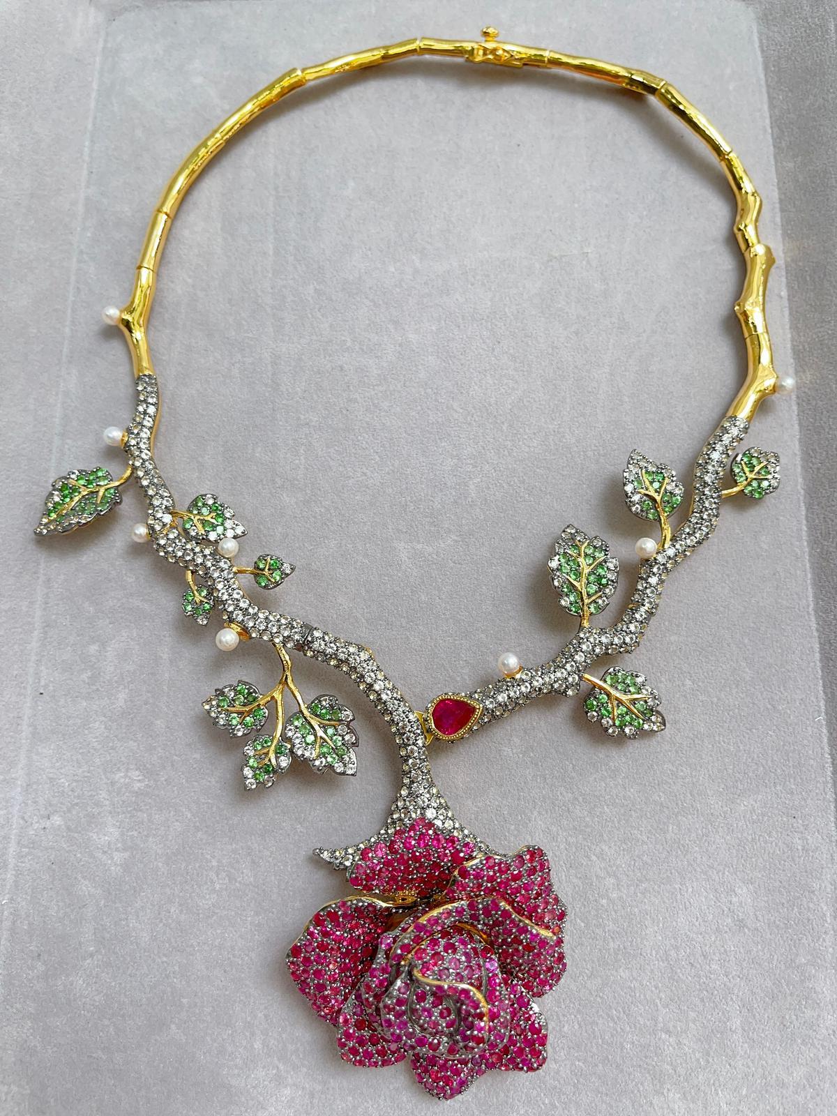 Bochic “Orient ” Ruby, Salvorite, WhiteZircon Necklace Set In 22K Gold & Silver 
Drop Necklace, Multi natural gem necklace 
Beautiful Natural Red Rubies - 9 carats
Round brilliant and pear shape 
Natural Green Color Tsavorite  - 4 carats 
Round