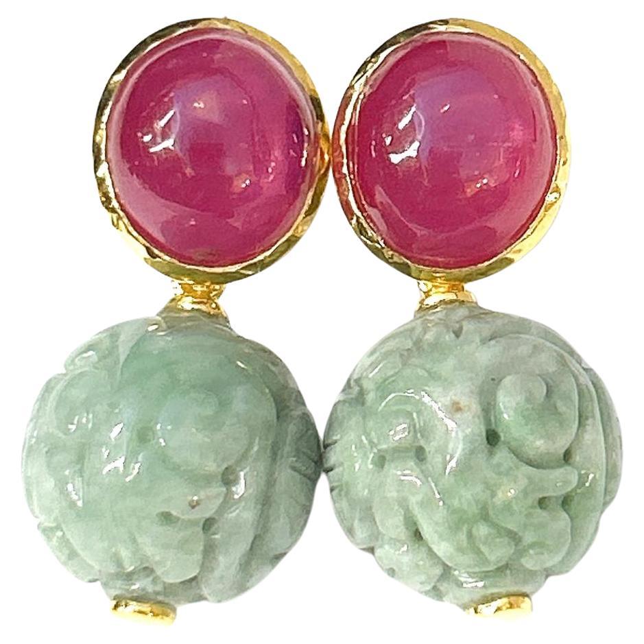 Bochic “Orient” Ruby & Vintage Mint Jade Earrings Set 18K In Gold & Silver
