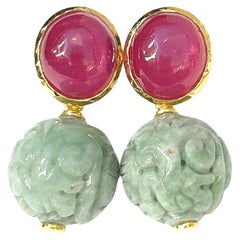 Bochic “Orient” Ruby & Vintage Mint Jade Earrings Set 18K In Gold & Silver