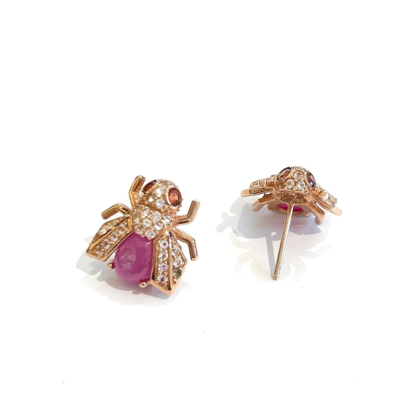Brilliant Cut Bochic “Orient” Ruby & White Topaz Set In 18K Gold & Silver Earrings