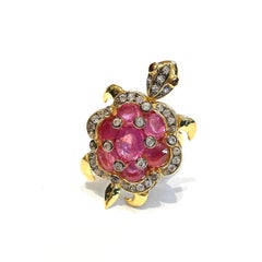 Bochic “Orient” Vintage Ruby & White Topaz Turtle Cocktail Ring Set 18K & Silver
