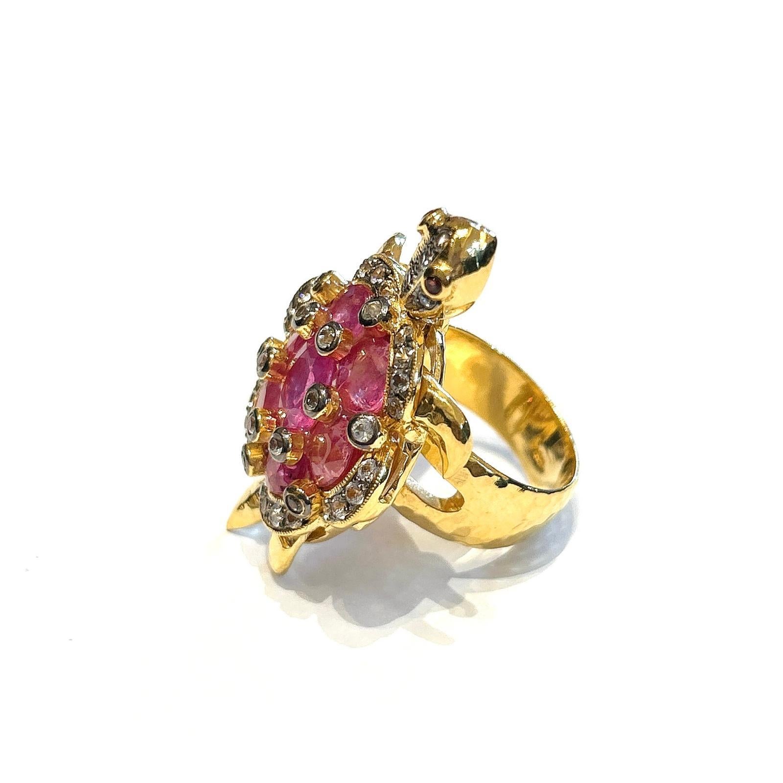 Art Deco Bochic “Orient” Ruby & White Topaz Turtle Cocktail Ring Set 18K & Silver For Sale