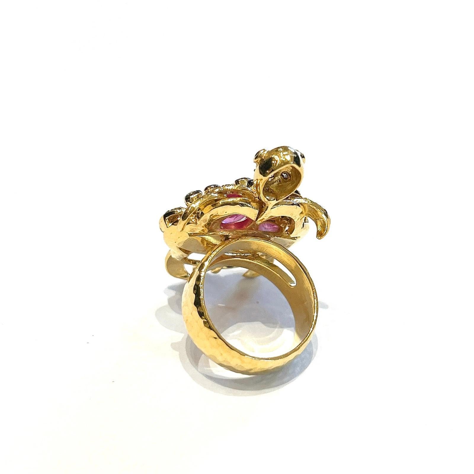 Brilliant Cut Bochic “Orient” Ruby & White Topaz Turtle Cocktail Ring Set 18K & Silver For Sale