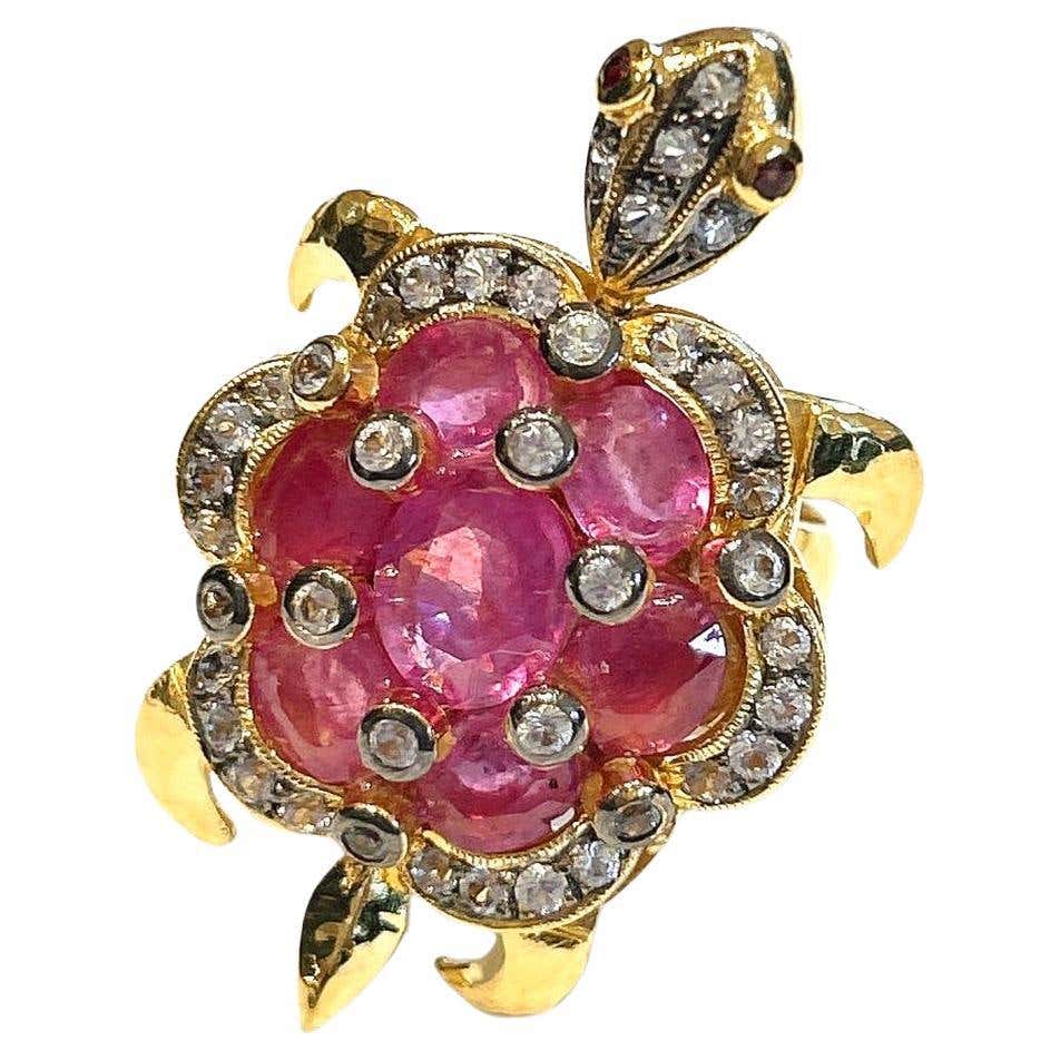 Bochic “Orient” Turtle Rose Quartz, Diamond and Ruby Ring In 18K Gold ...