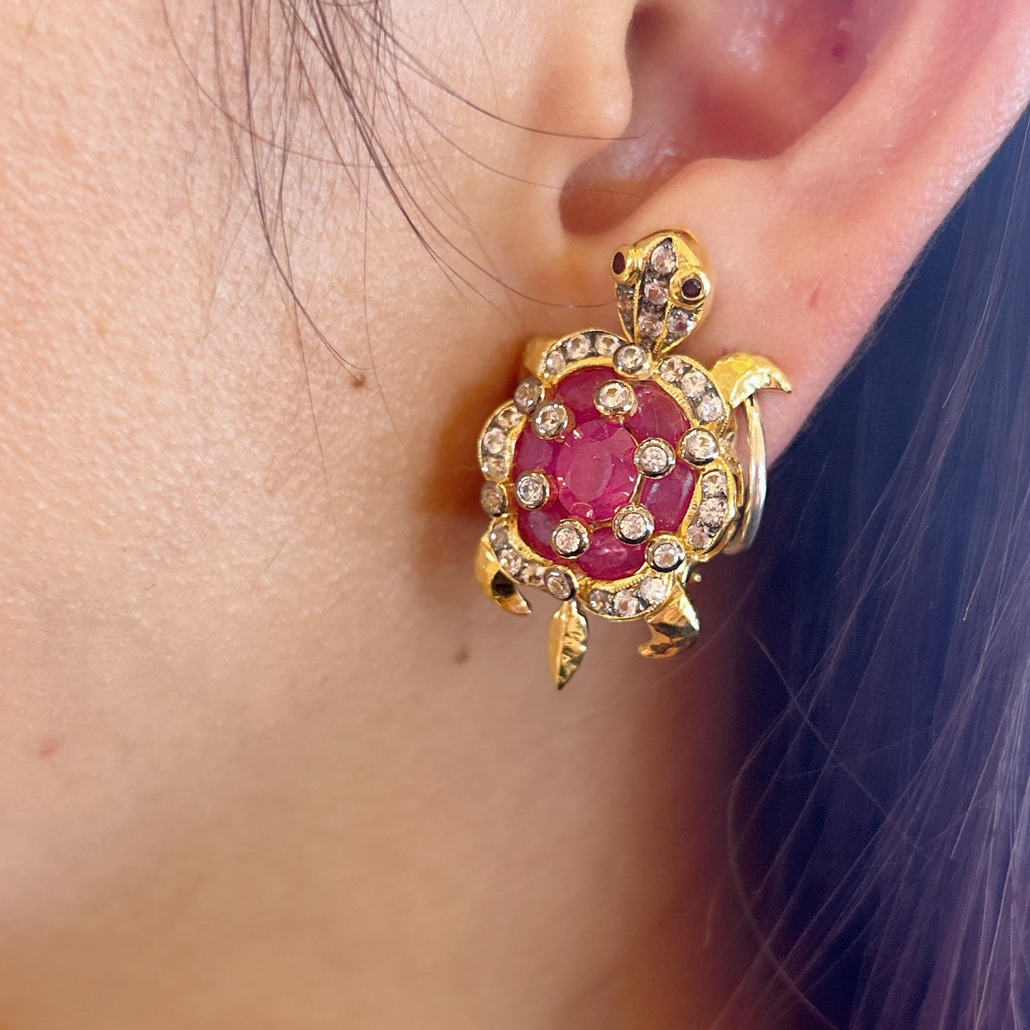 Bochic “Orient” Ruby & White Topaz Turtle Earrings Set 18K Gold & Silver For Sale 10