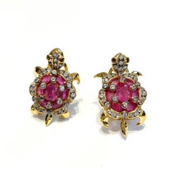 Bochic “Orient” Vintage Ruby & White Topaz Turtle Earrings Set 18K Gold & Silver