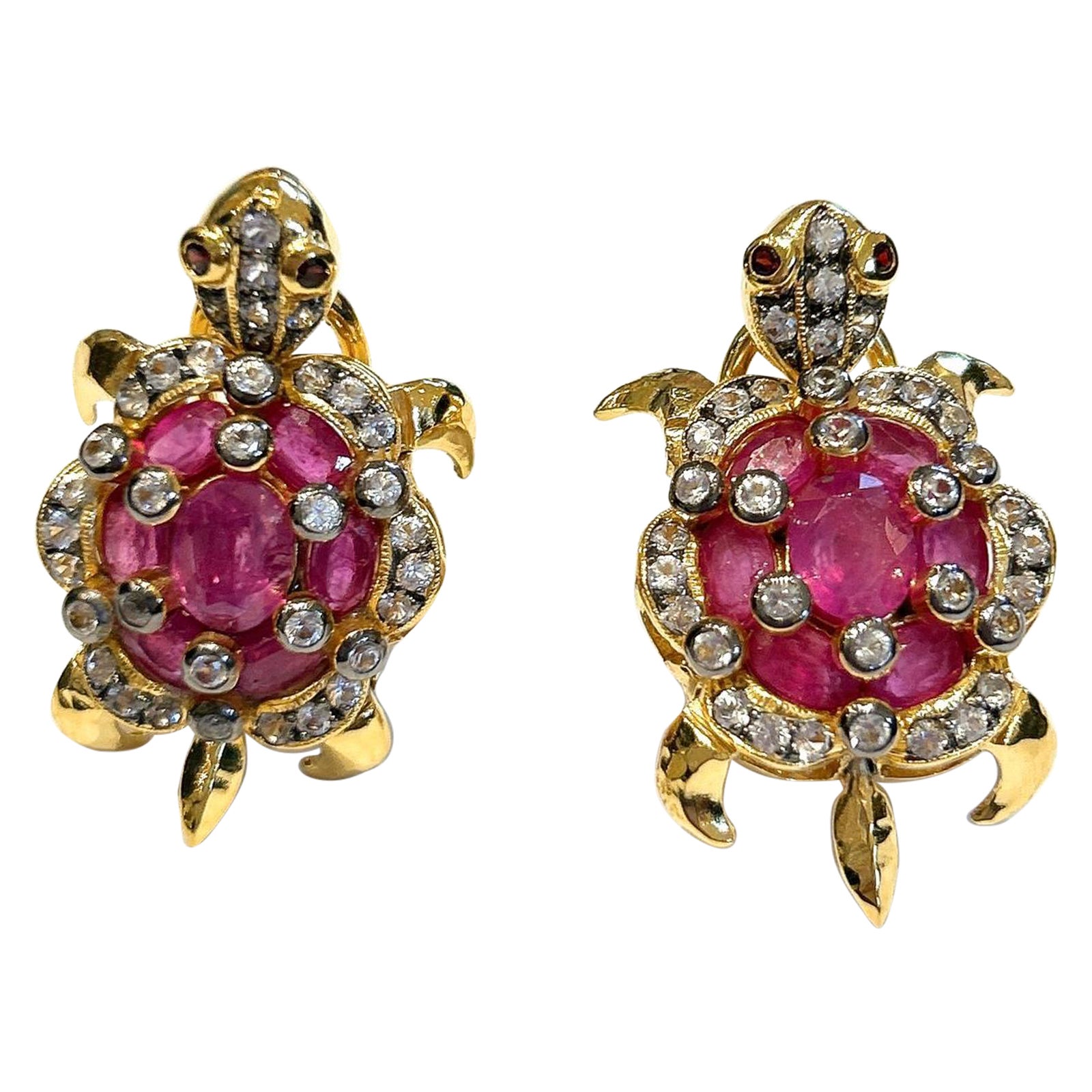 Bochic “Orient” Ruby & White Topaz Turtle Earrings Set 18K Gold & Silver