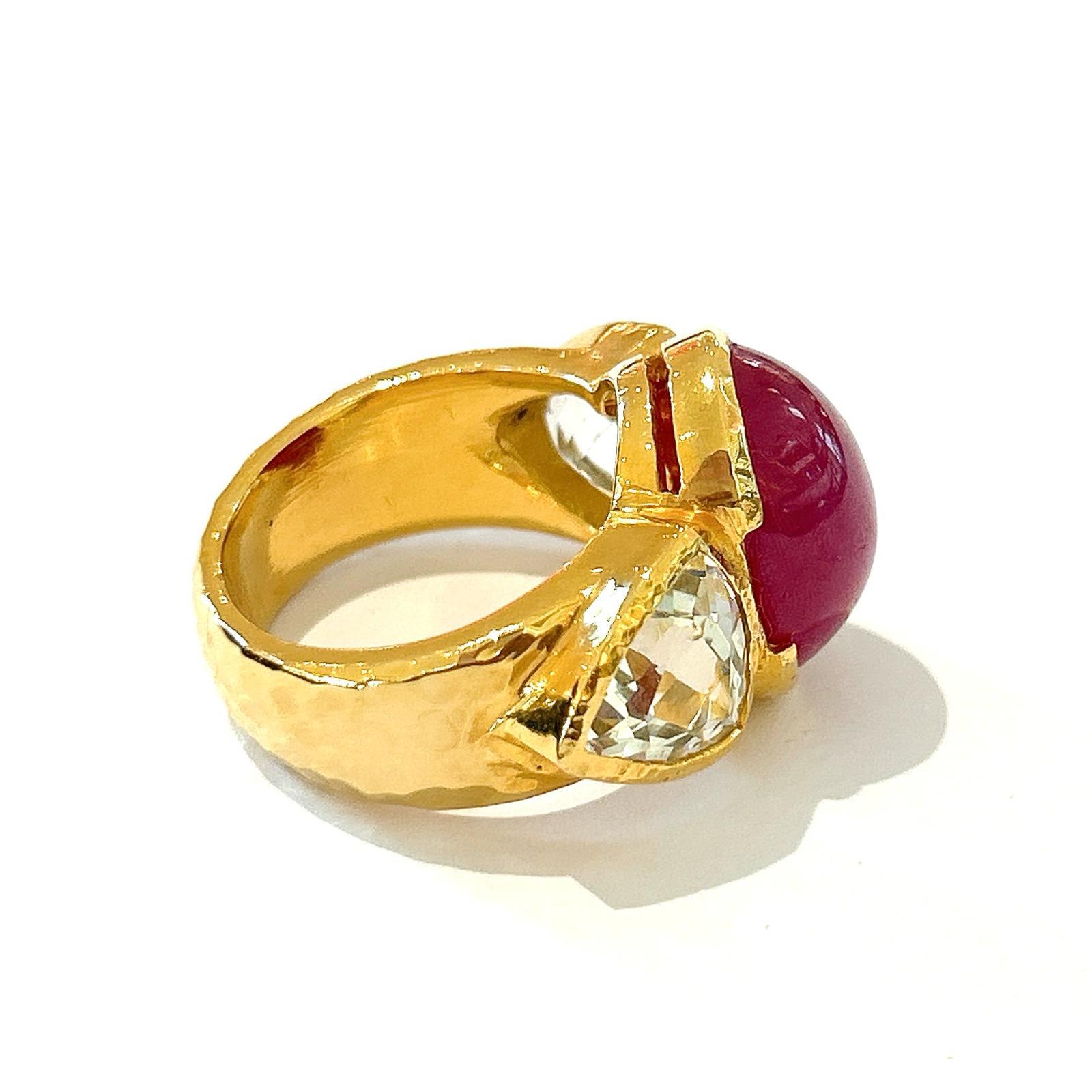 Cabochon Bochic “Orient” Ruby & White Topaz Vintage 3 Gem Ring Set 18K & Silver  For Sale