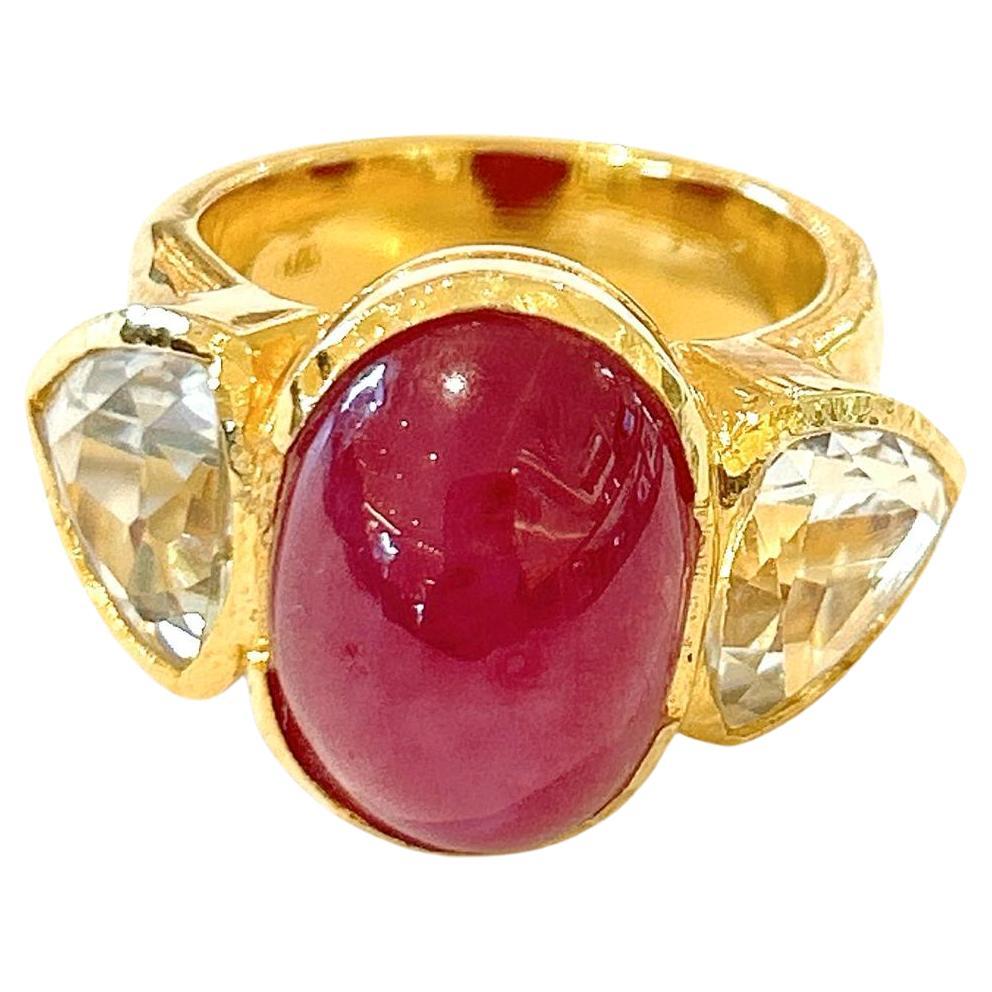 Bochic “Orient” Ruby & White Topaz Vintage 3 Gem Ring Set 18K & Silver  For Sale