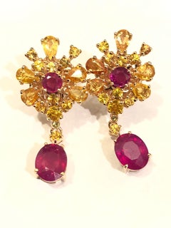 Bochic “Orient” Ruby, Yellow Sapphire Earrings Set 18K Gold & Silver