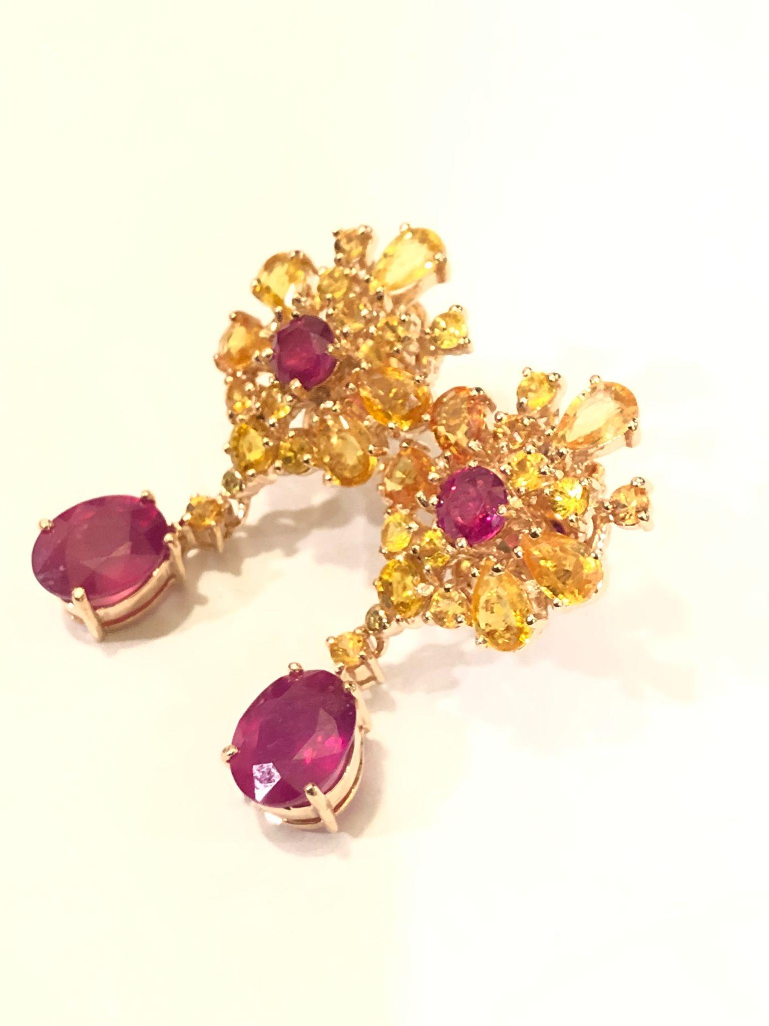Barocco Bochic “Orient” Ruby, Yellow Sapphire Earrings Set 18K Gold & Silver in vendita
