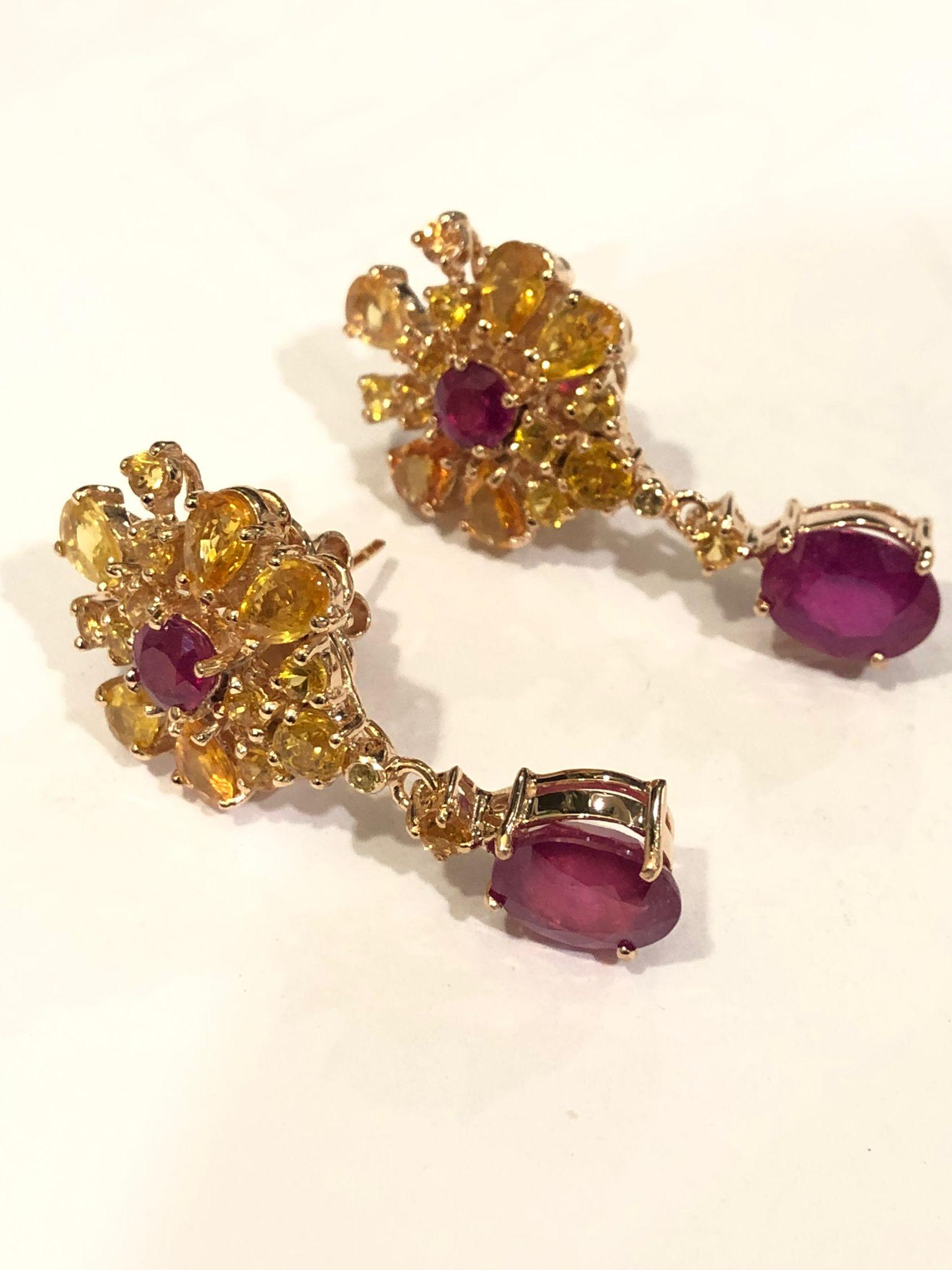 Bochic “Orient” Ruby, Yellow Sapphire Earrings Set 18K Gold & Silver in vendita 2