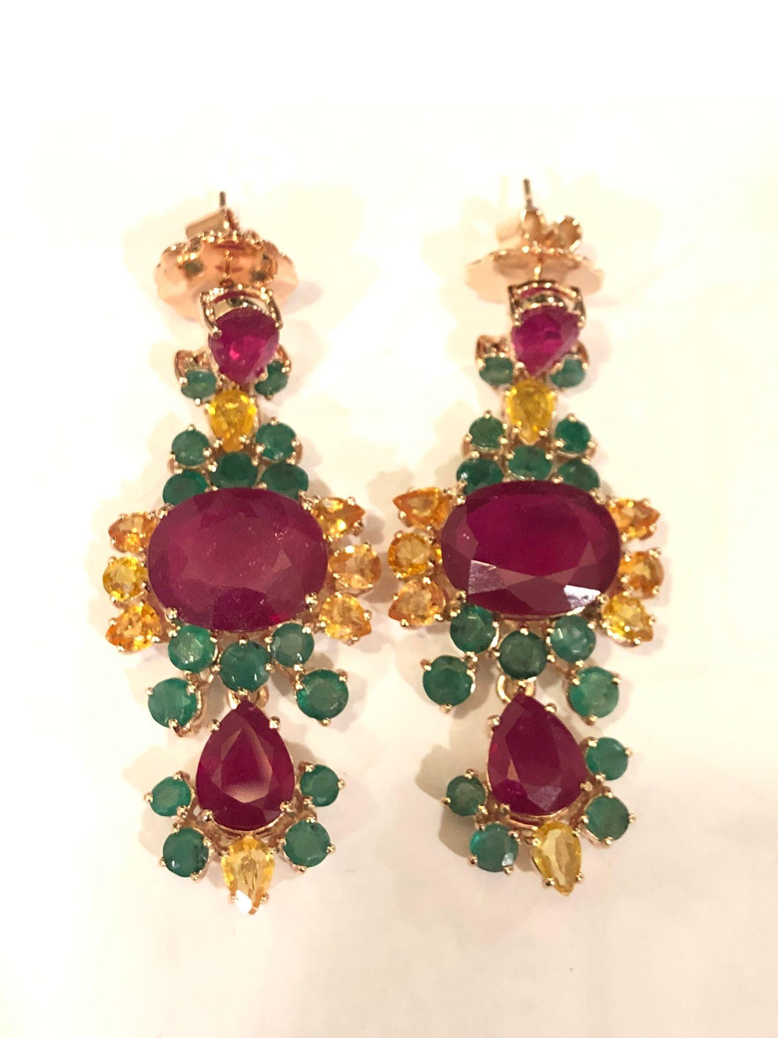 Bochic “Orient” Ruby, Yellow Sapphire & Emerald Earrings Set 18K Gold & Silver in vendita 7