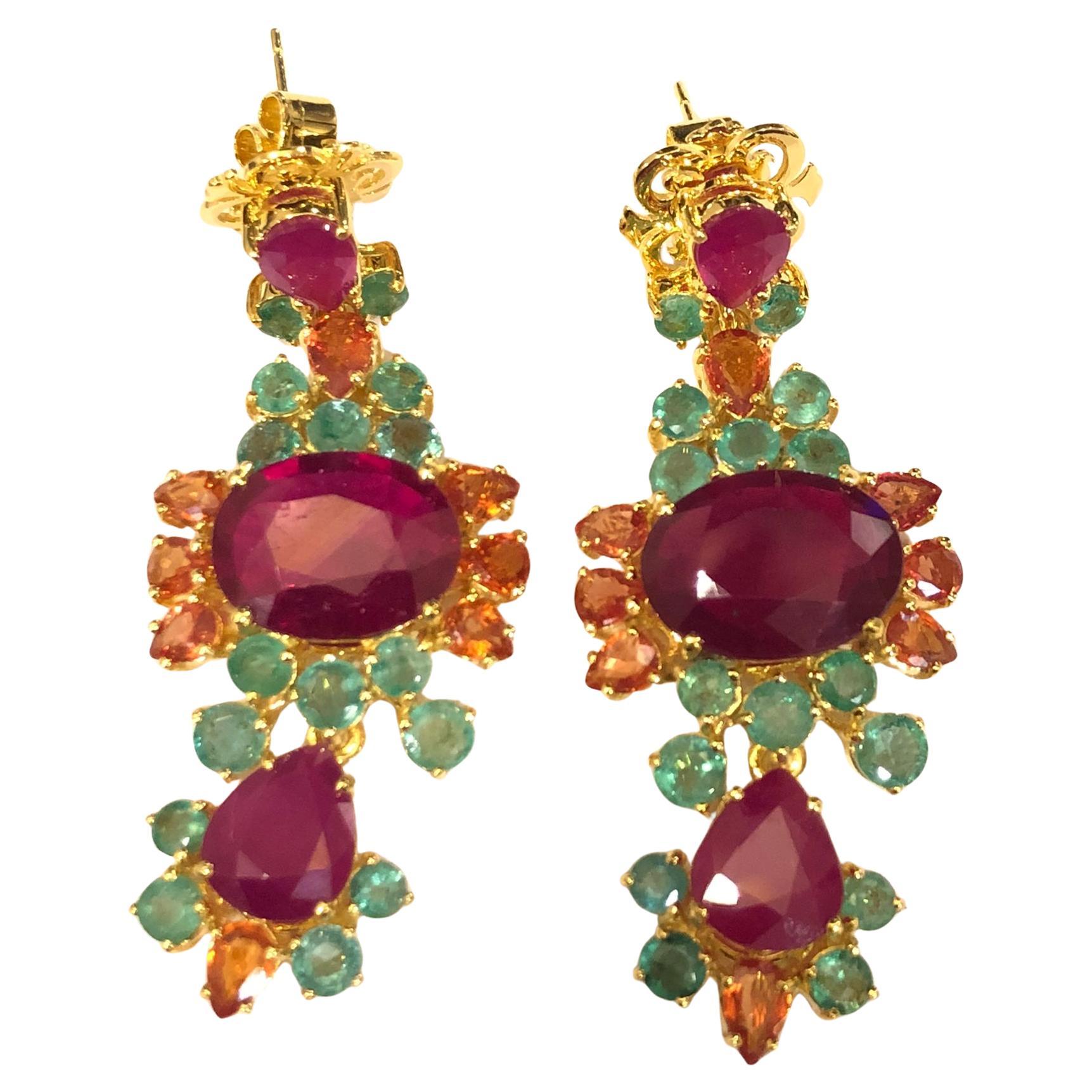 Bochic “Orient” Ruby, Yellow Sapphire & Emerald Earrings Set 18K Gold & Silver