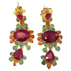 Bochic “Orient” Ruby, Yellow Sapphire & Emerald Earrings Set 18K Gold & Silver