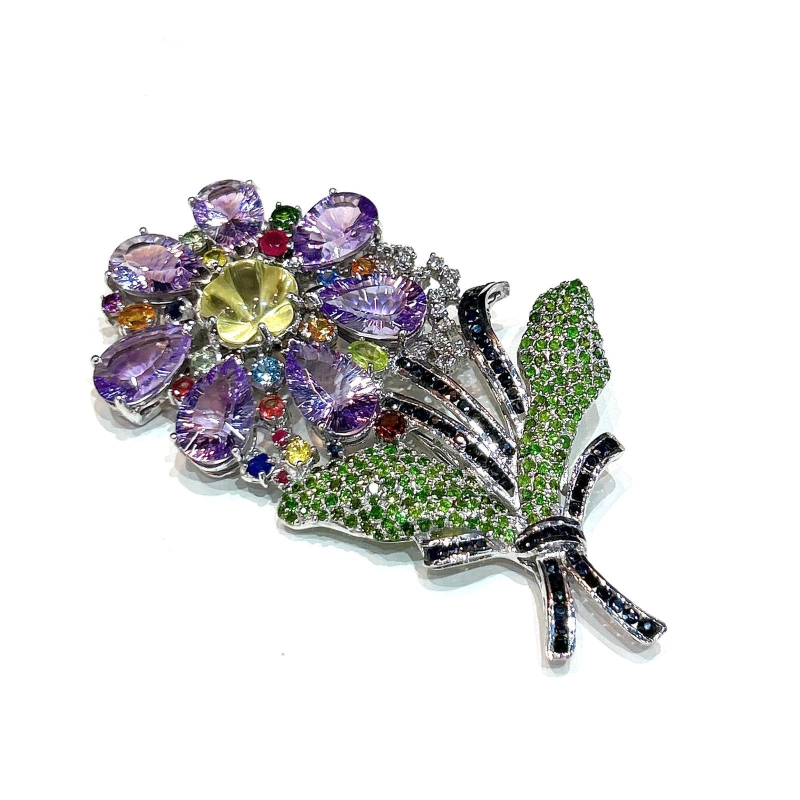 Art Nouveau Bochic  “Orient” Sapphire, Amethyst & Tsavorite Brooch Set In 18K Gold & Silver For Sale