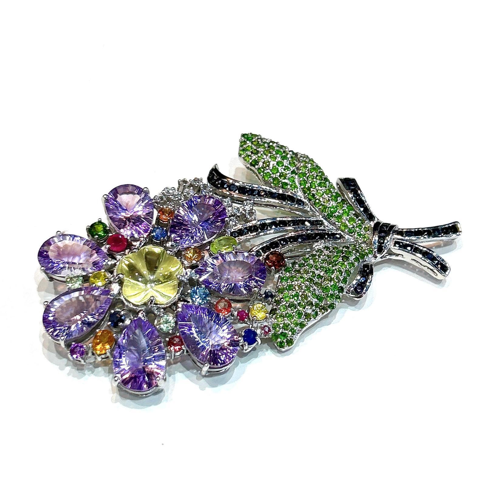 Women's or Men's Bochic  “Orient” Sapphire, Amethyst & Tsavorite Brooch Set In 18K Gold & Silver For Sale
