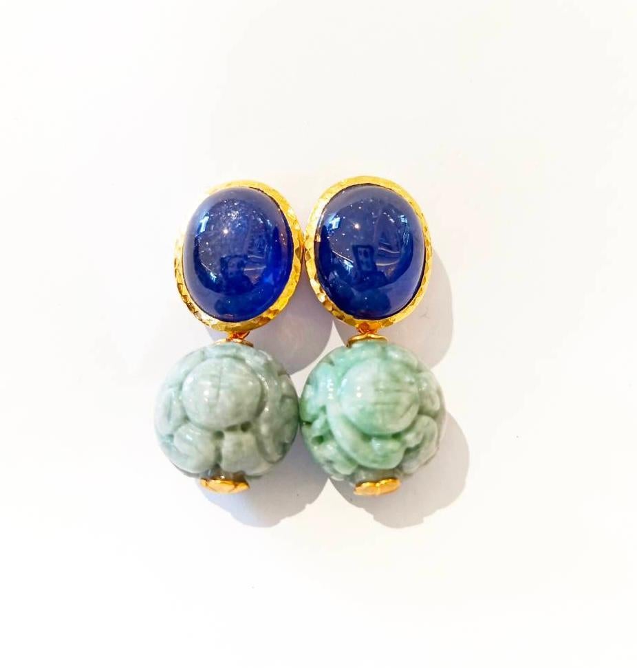 Oval Cut Bochic “Orient” Sapphire & Carved Vintage Mint Jade Earrings 18K Gold & Silver For Sale
