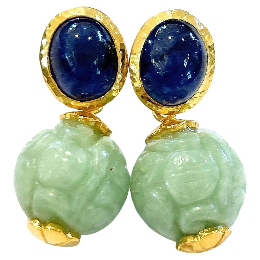 Bochic “Orient” Sapphire & Carved Vintage Mint Jade Earrings 18K Gold & Silver For Sale
