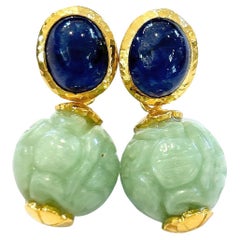 Bochic “Orient” Sapphire & Carved Used Mint Jade Earrings 18K Gold & Silver