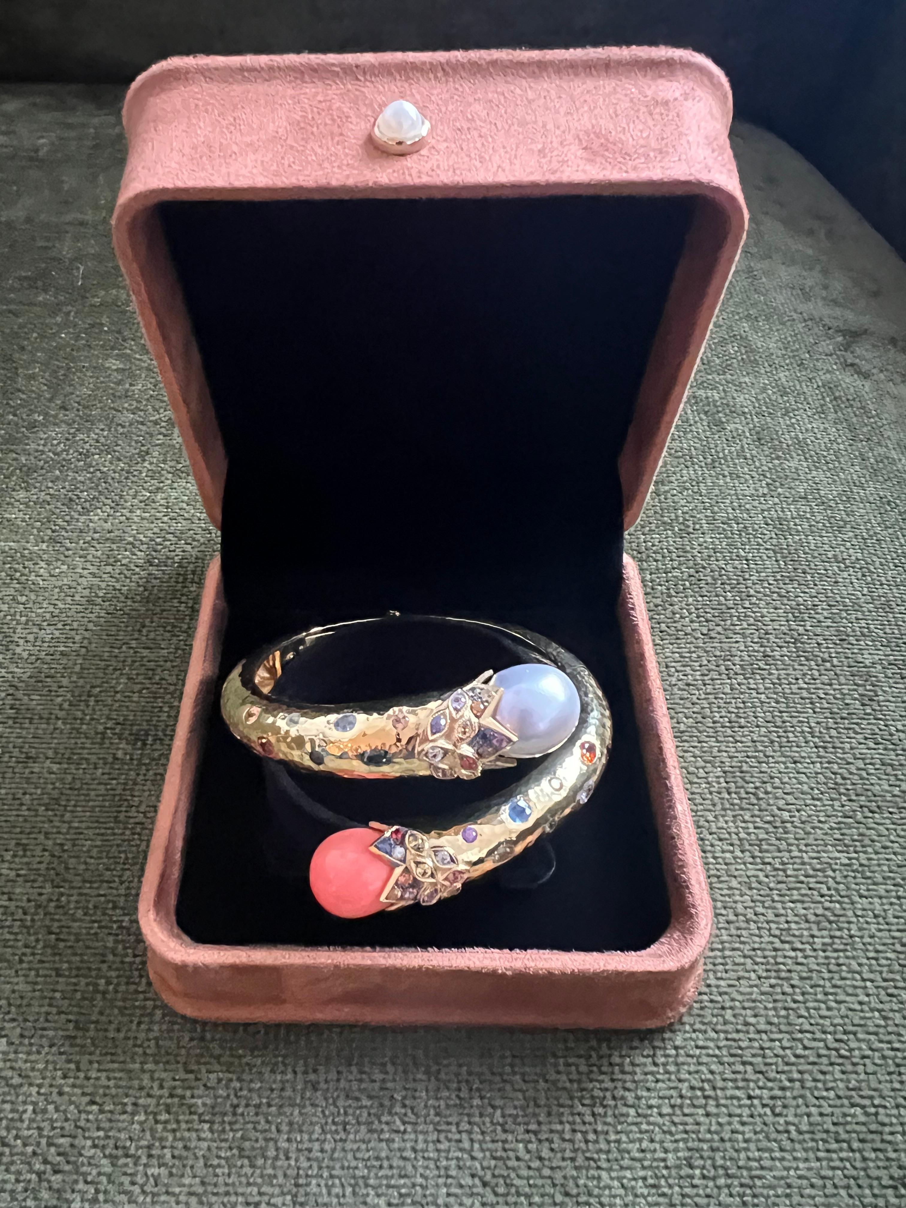 Brilliant Cut Bochic “Orient” Sapphire, Coral & South Sea Pearl Bangle Set 18K & Silver For Sale