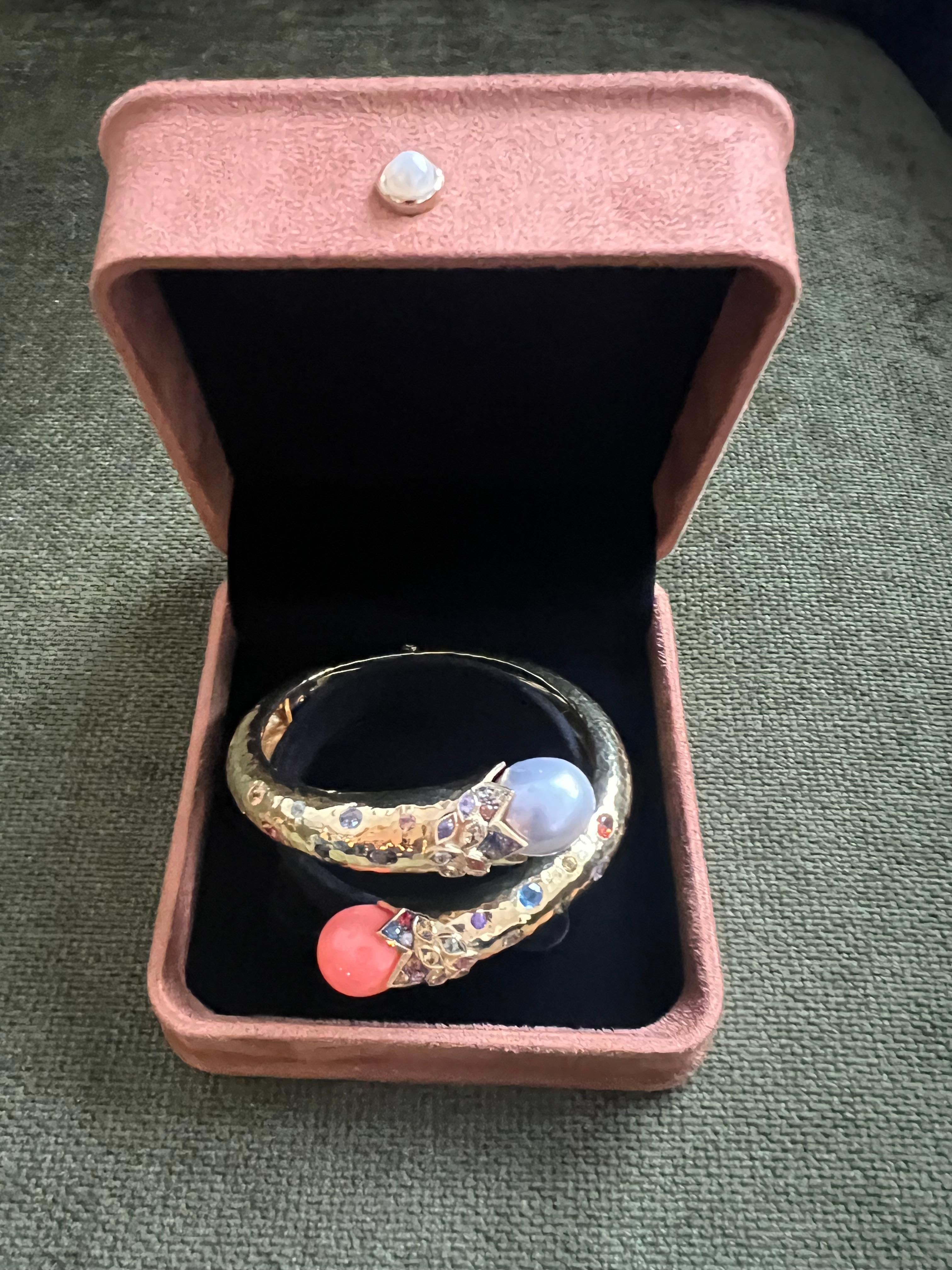 Bochic “Orient” Sapphire, Coral & South Sea Pearl Bangle Set 18K & Silver For Sale 1