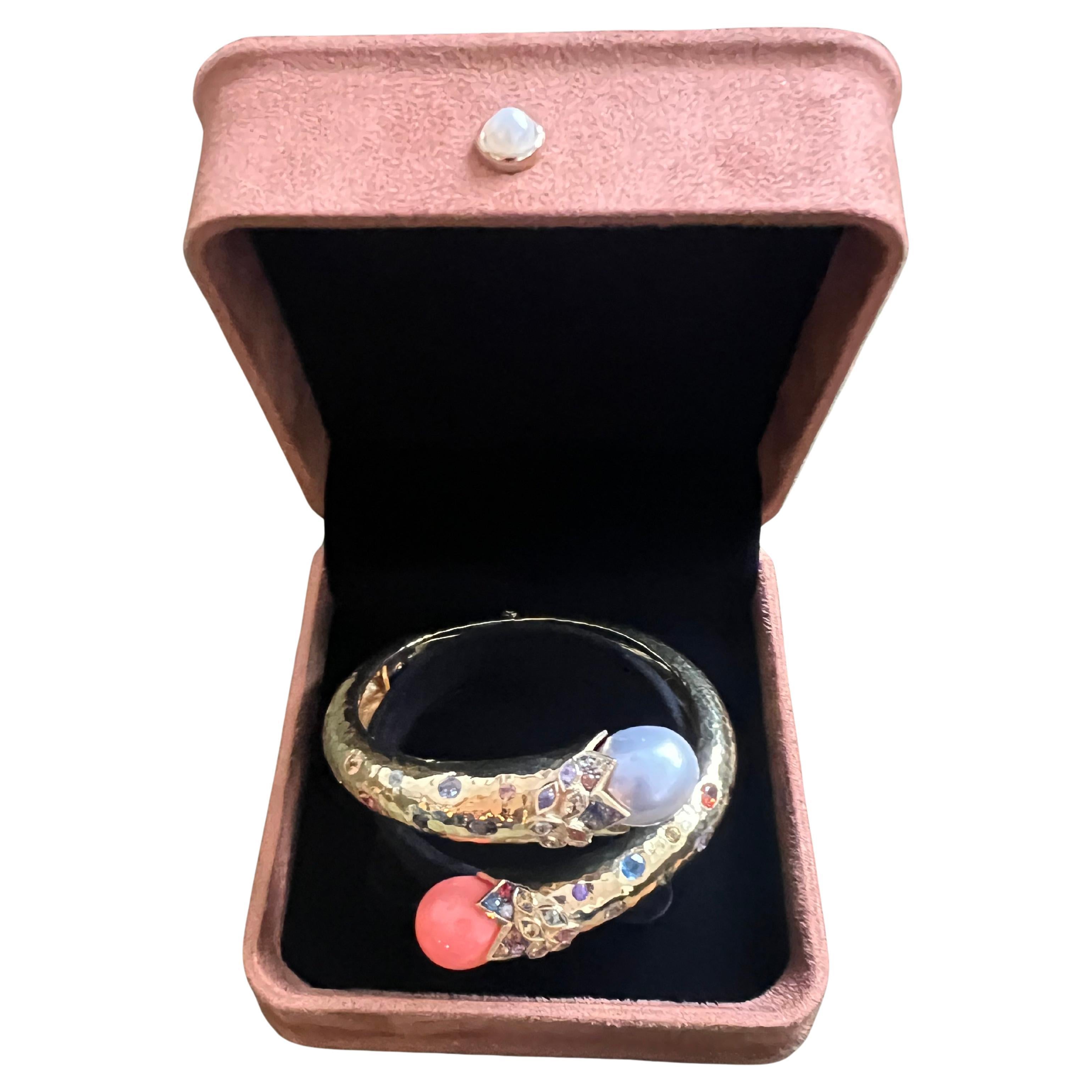 Bochic “Orient” Sapphire, Coral & South Sea Pearl Bangle Set 18K & Silver