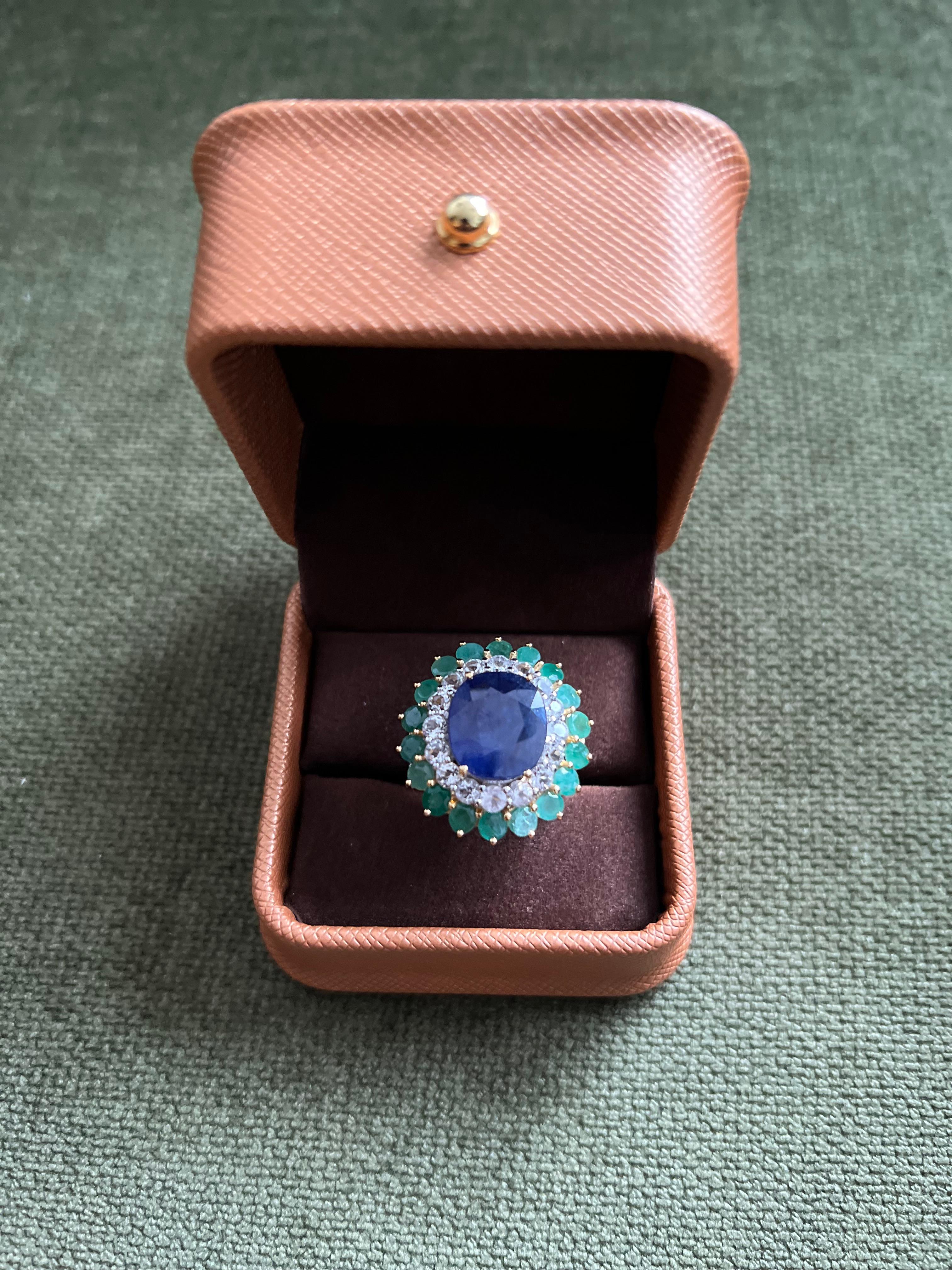 Art Deco Bochic “Orient” Sapphire, Emerald & Topaz Ring Set In 18K Gold & Silver For Sale