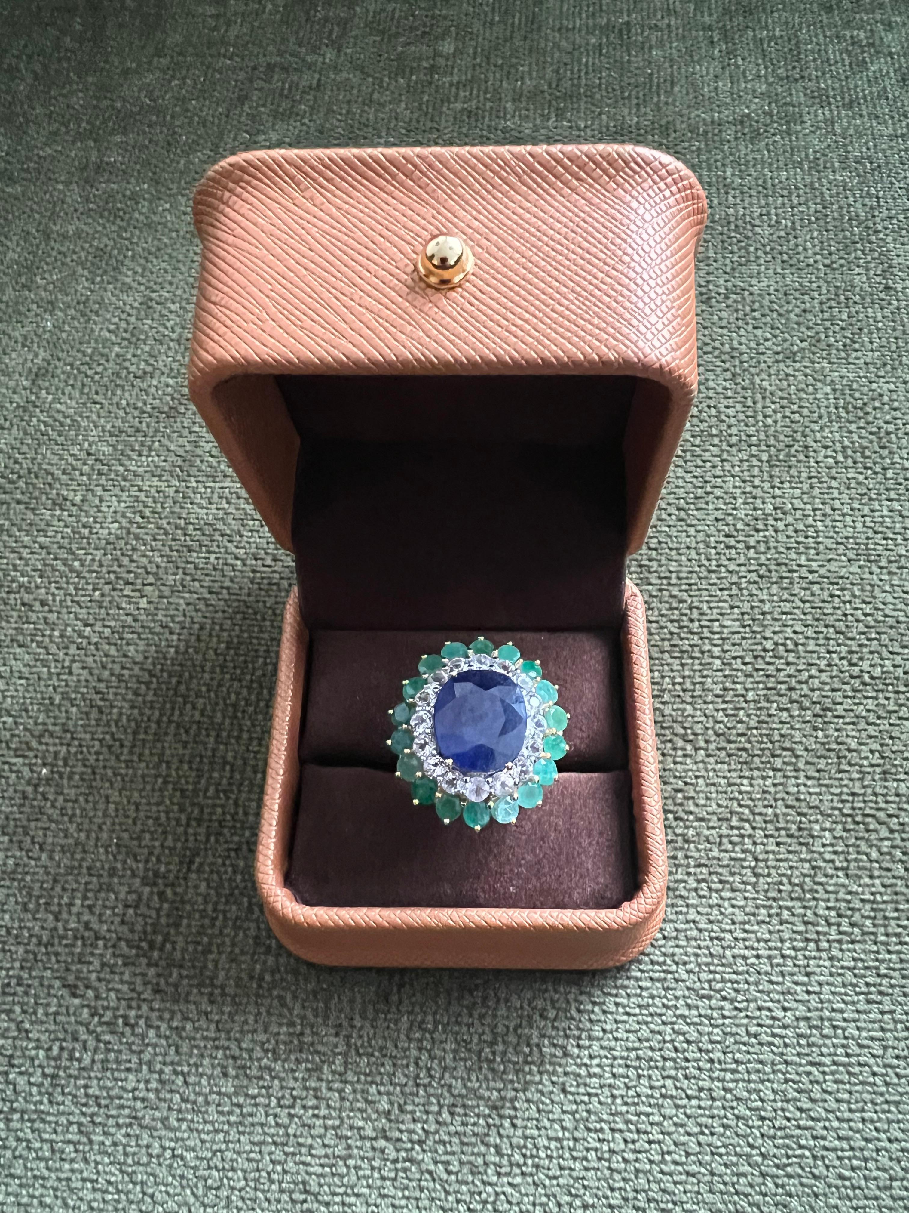 Brilliant Cut Bochic “Orient” Sapphire, Emerald & Topaz Ring Set In 18K Gold & Silver For Sale