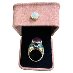 Bochic “Orient” Sapphire, Emerald & Ruby Cocktail Ring Set 18K Gold & Silver