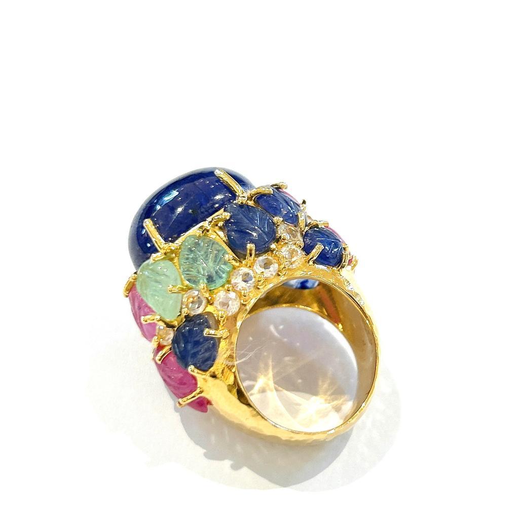 Baroque Bochic “Orient” Sapphire, Emerald & Ruby Cocktail Ring Set In 18K Gold & Silver  For Sale
