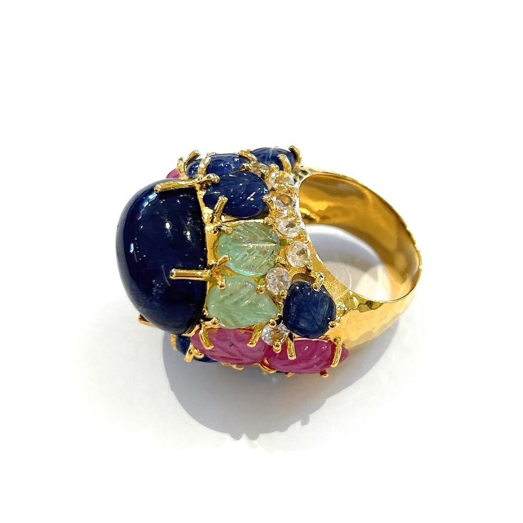 Cabochon Bochic “Orient” Sapphire, Emerald & Ruby Cocktail Ring Set In 18K Gold & Silver  For Sale