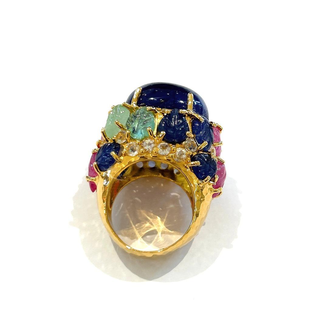 Bochic “Orient” Sapphire, Emerald & Ruby Cocktail Ring Set In 18K Gold & Silver  In New Condition For Sale In New York, NY