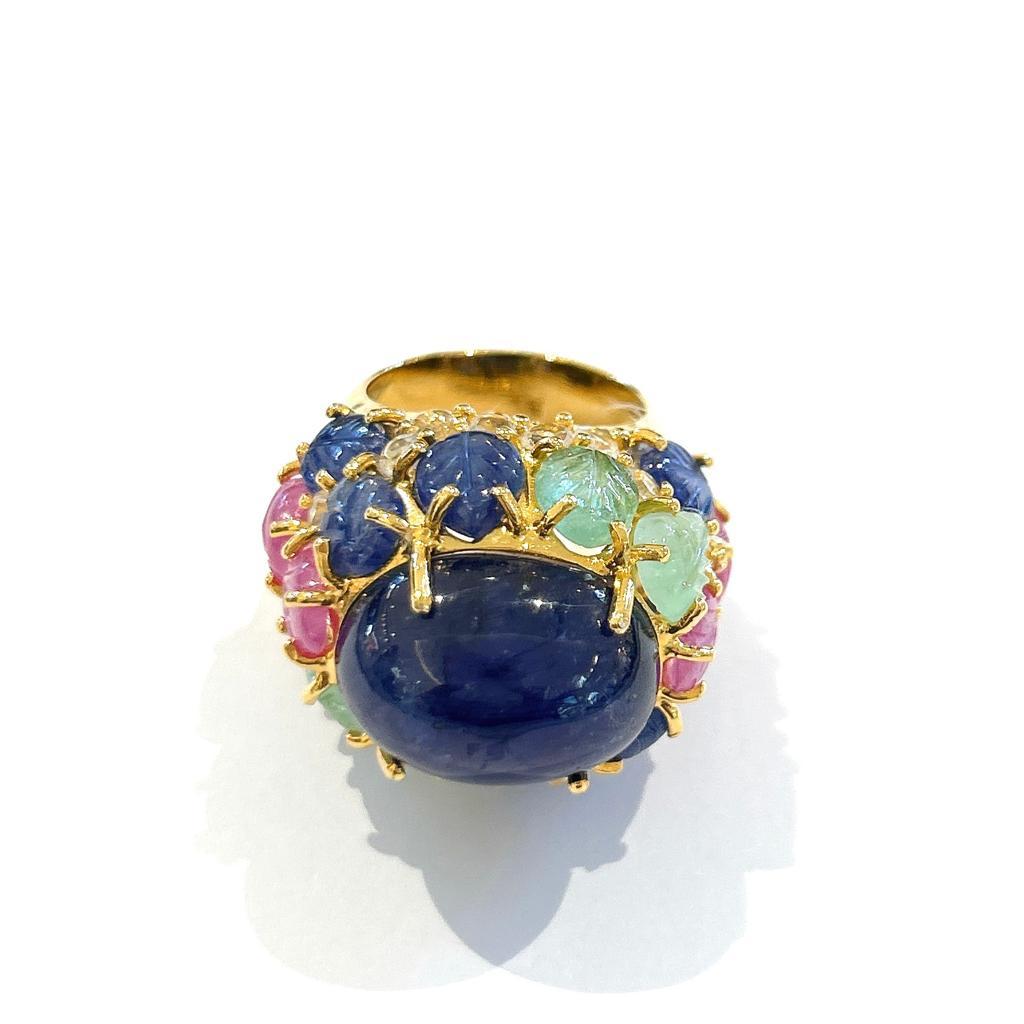 Women's Bochic “Orient” Sapphire, Emerald & Ruby Cocktail Ring Set In 18K Gold & Silver  For Sale