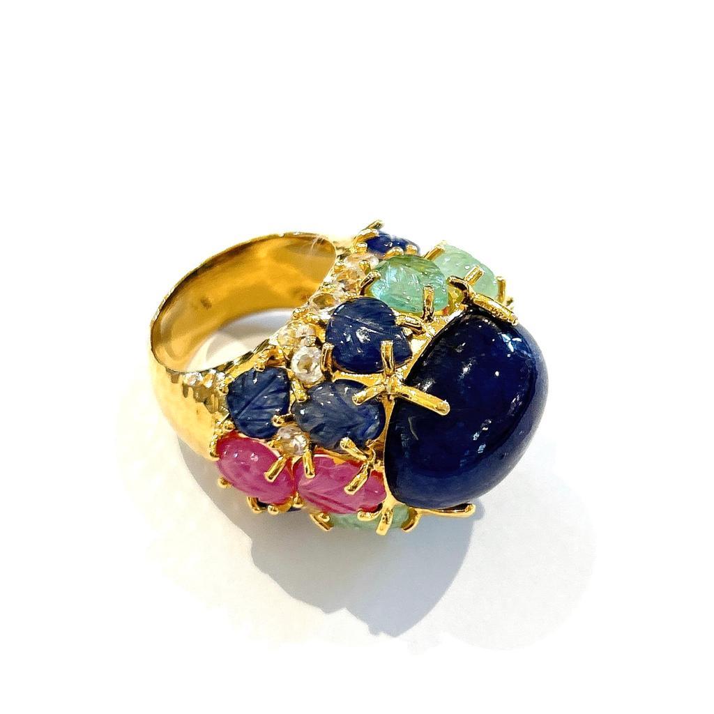 Bochic “Orient” Sapphire, Emerald & Ruby Cocktail Ring Set In 18K Gold & Silver  For Sale 1