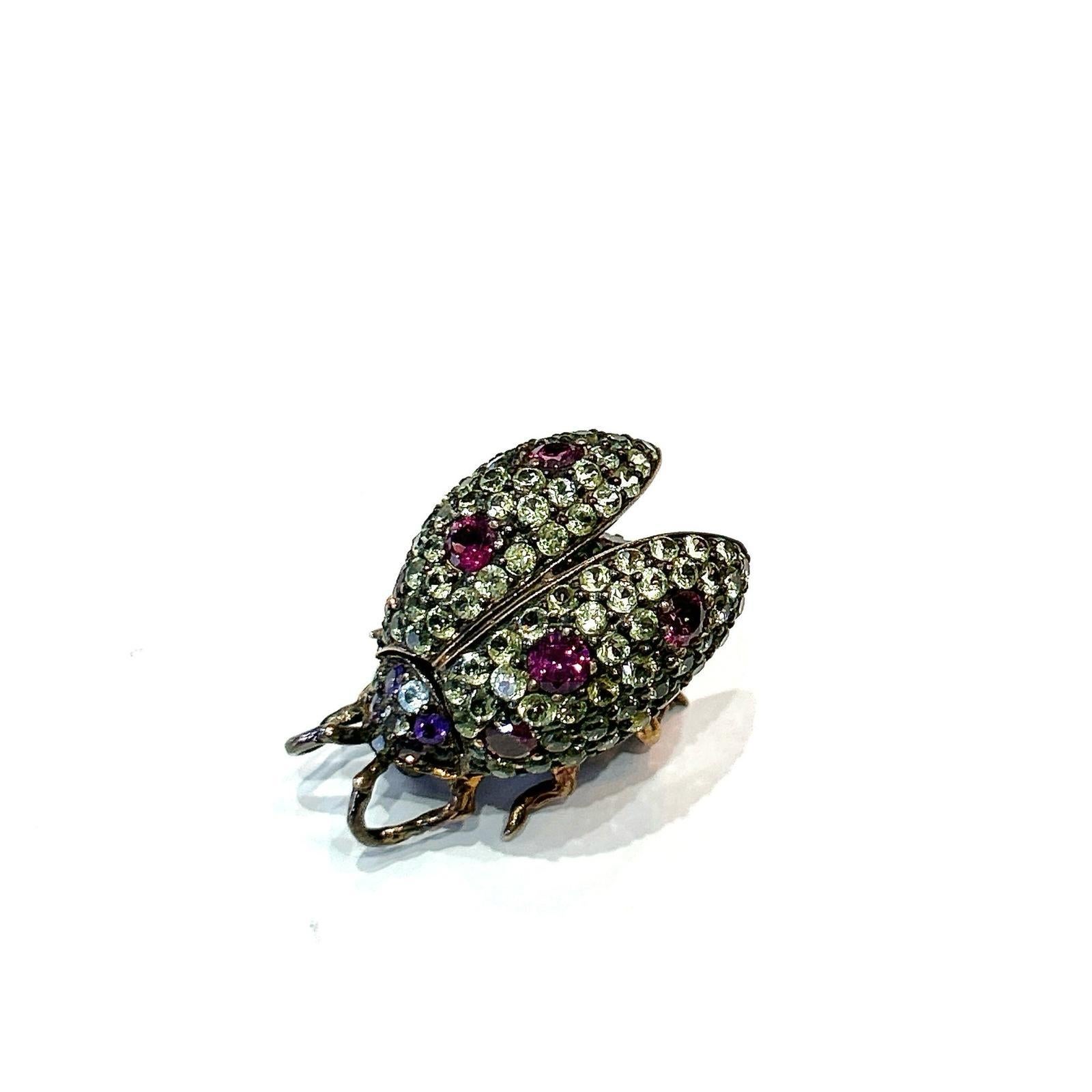 Bochic “Orient” Sapphire< Garnet & Ruby Beetle Brooch Set In 18K Gold & Silver For Sale 1