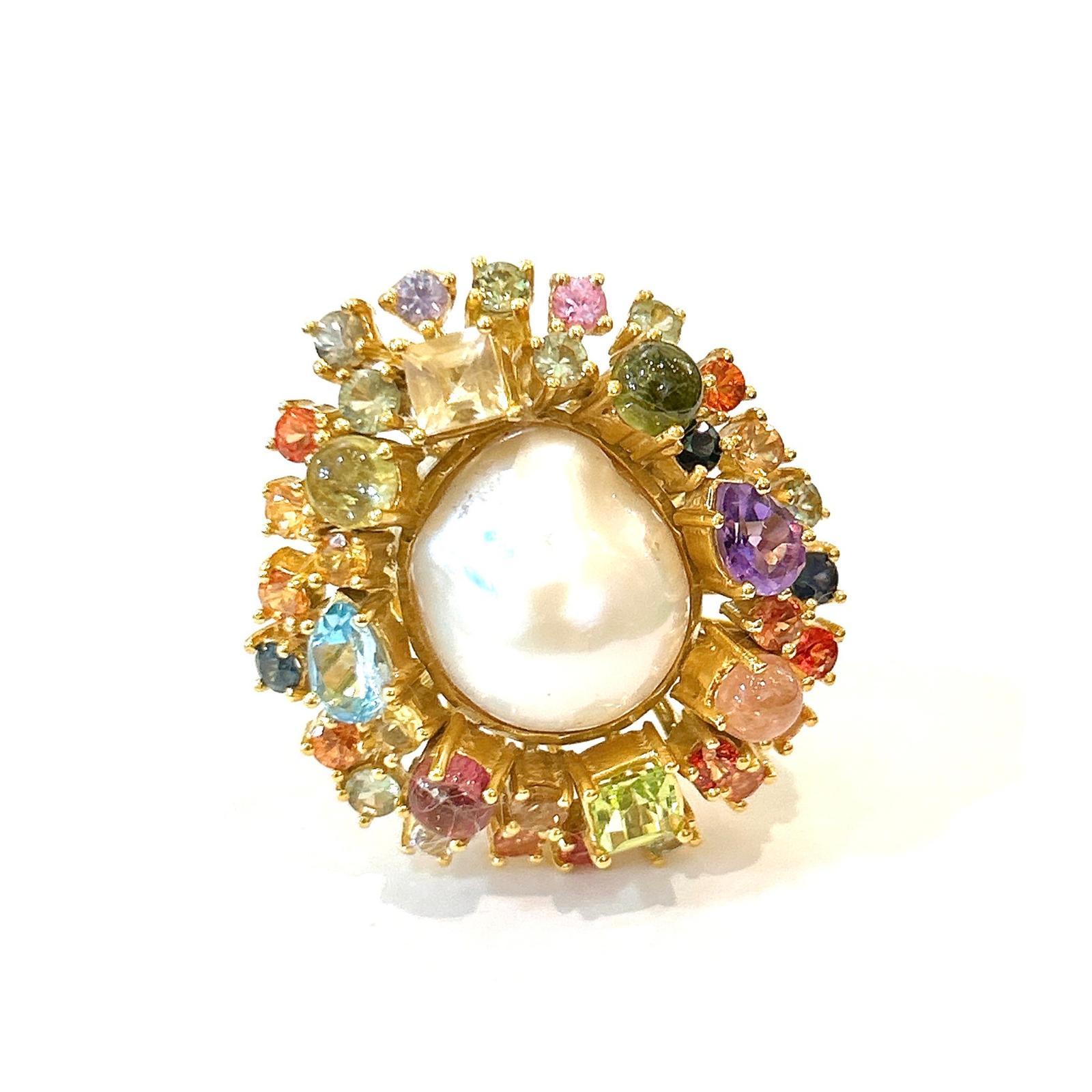 Bochic “Orient” Sapphire & Multi Fancy Gem Cocktail Ring Set 18K Gold & Silver For Sale 1