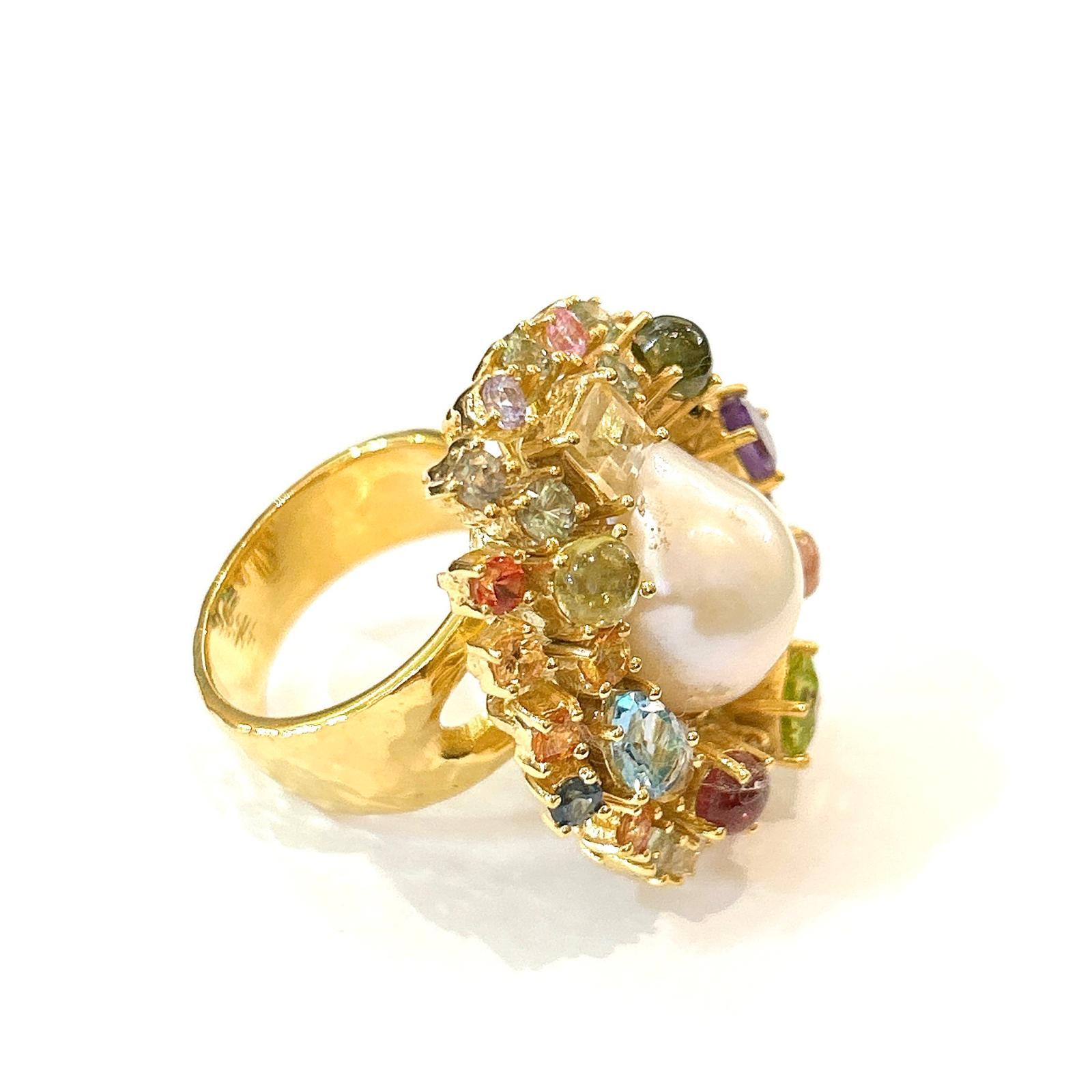 Bochic “Orient” Sapphire & Multi Fancy Gem Cocktail Ring Set 18K Gold & Silver For Sale 2