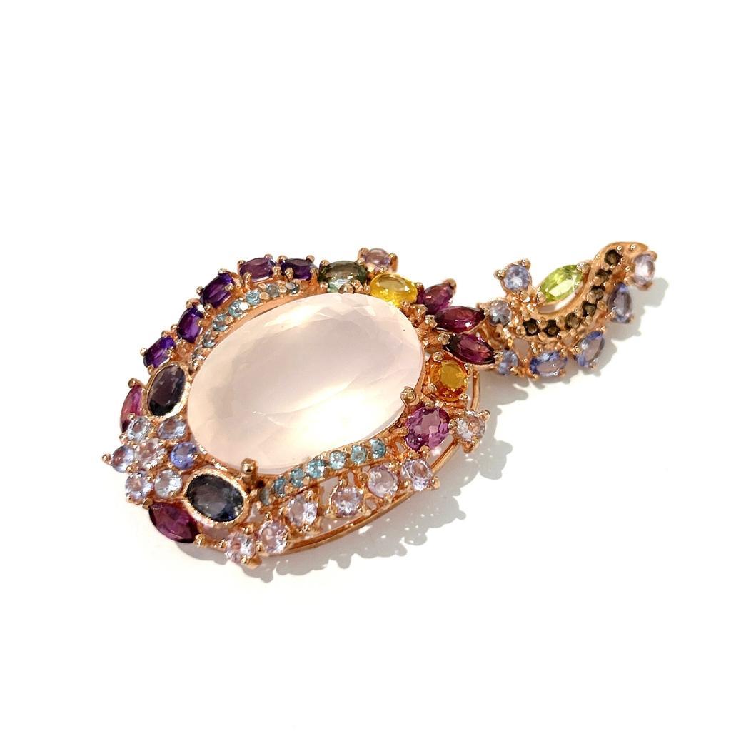 Bochic “Orient” Sapphire& Multi Gem Brooch / Pendent Set In 18K & Silver 
Center Oval Shape Natural Rose Quartz  - 5 Carat 
Multi color Natural Sapphires from Sri Lanka 
And mix gems 14 Carats 
Brilliant cuts 
Colors: Pink, Yellow, Rose, Green and