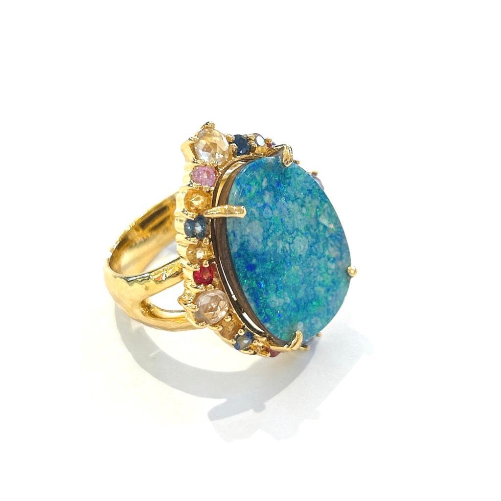 Baroque Bochic “Orient” Sapphire, Opal & Ruby Cocktail Ring Set In 18K Gold & Silver 