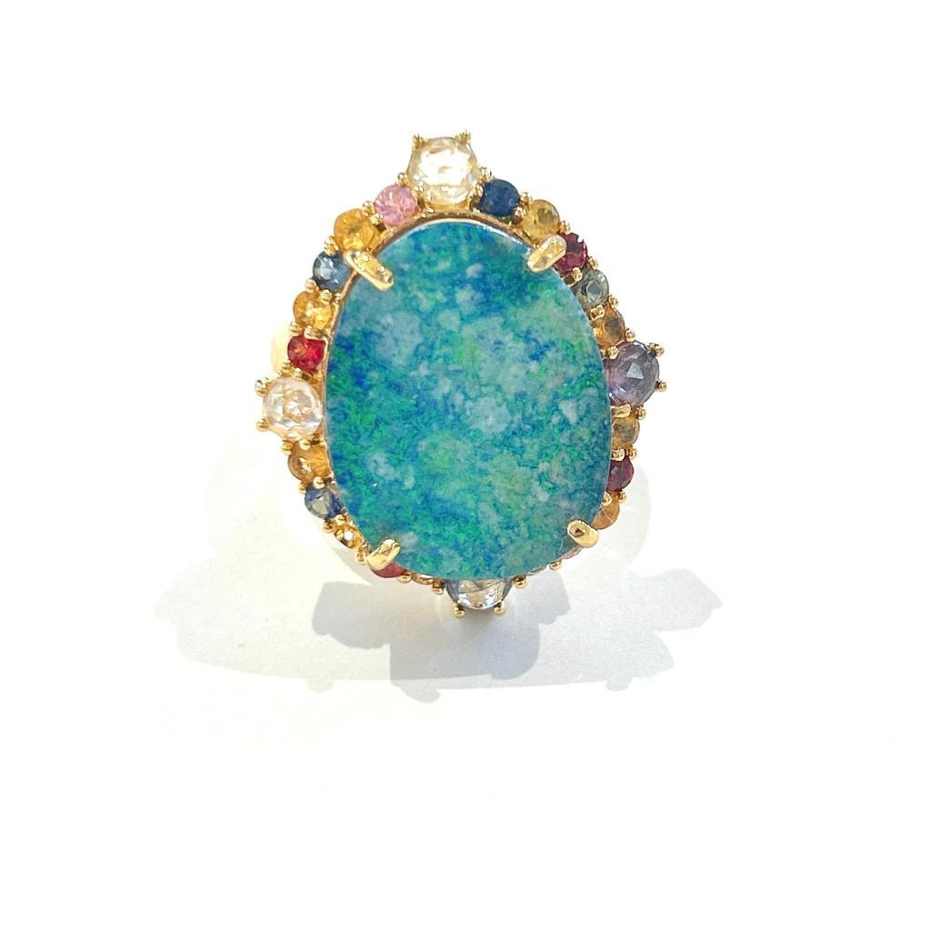 Cabochon Bochic “Orient” Sapphire, Opal & Ruby Cocktail Ring Set In 18K Gold & Silver